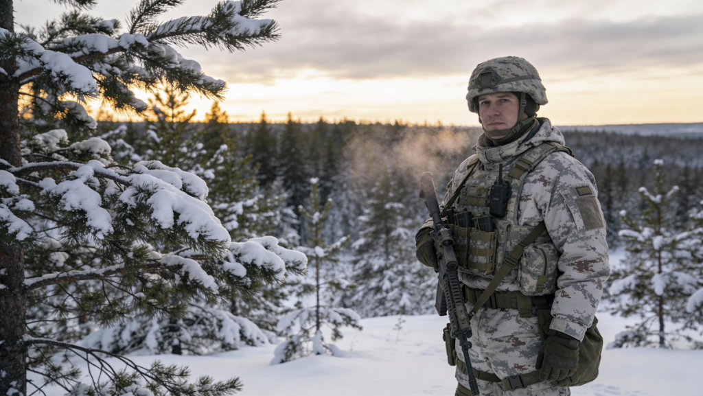Tekoälyllä generoitu kuva sotilaasta lumisessa metsässä.